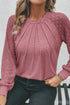 Contrast Lace Raglan Sleeve Plicate Round Neck Top